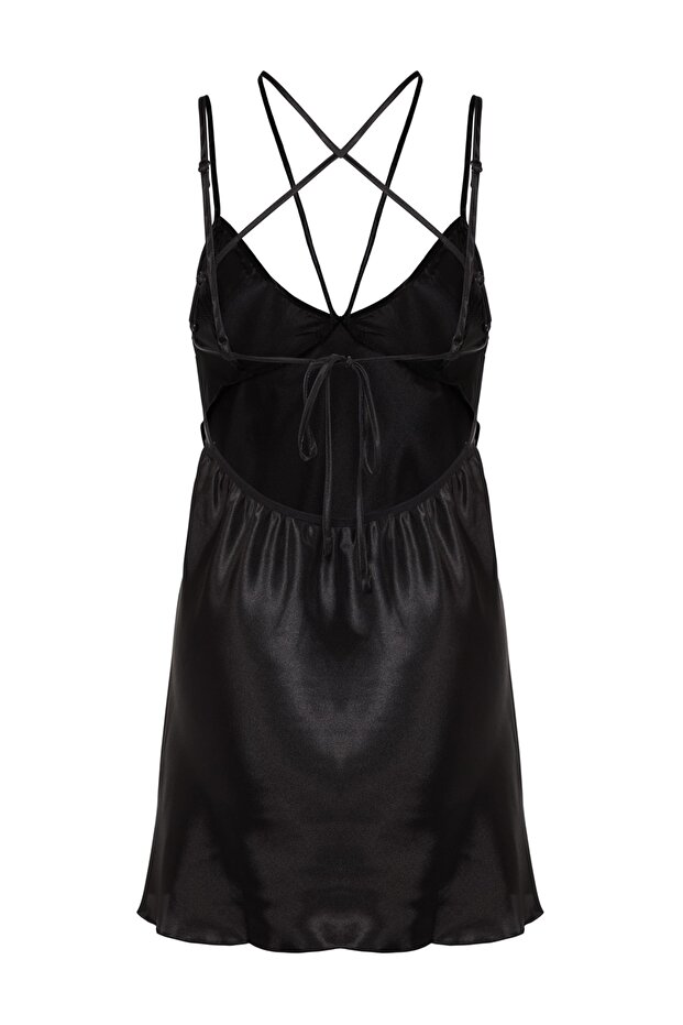 Siyah Saten Biye Detaylı İp Askılı Babydoll/Fantezi Gecelik THMAW24LL00001 - 8