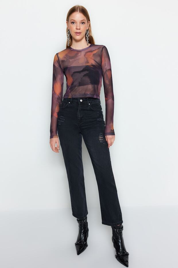 Siyah Baskılı Tül Fitted/Vücuda Oturan Crop Esnek Örme Bluz TWOAW24BZ00030 - 3