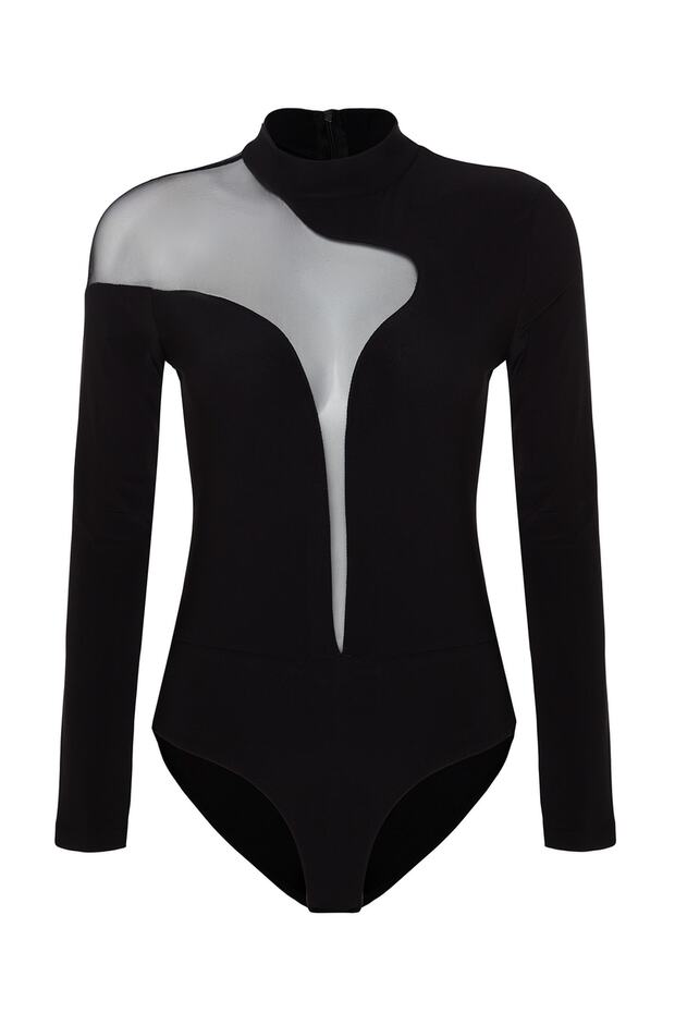Siyah Transparan Detaylı Örme Tül Body TPRAW24BD00011 - 1
