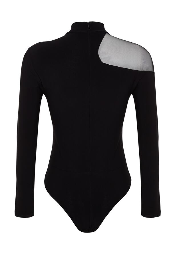 Siyah Transparan Detaylı Örme Tül Body TPRAW24BD00011 - 4