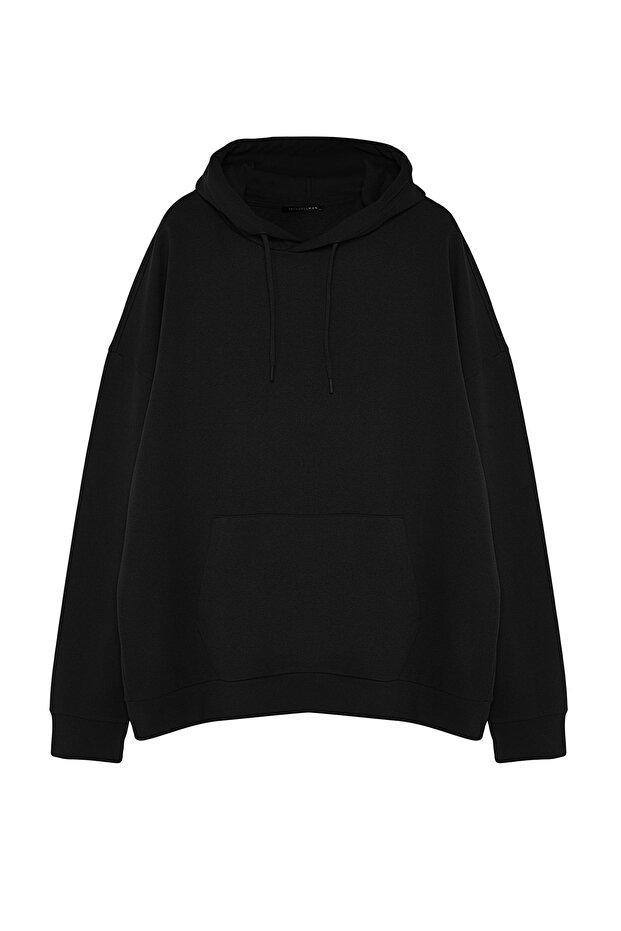 Siyah Büyük Beden apüşonlu Oversize/Geniş Kesim İçi Polar/Sıcak Tutan Sweatshirt TMNAW24AO00013 - 6