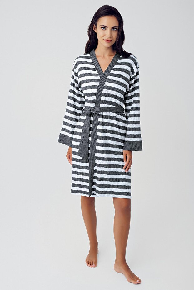 Women's Long Sleeve Striped Knitwear Waffle Fabric Short Dressing Gown