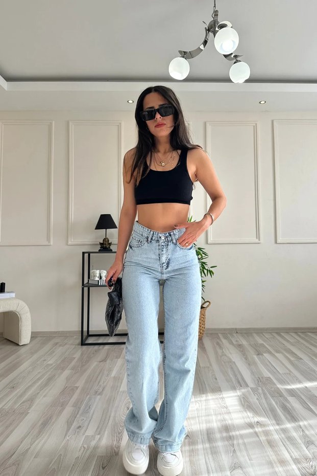 Polo Blue Snow Wash Lycra Women's Super High Waist Wide Leg Denim Jeans Palazzo Pants