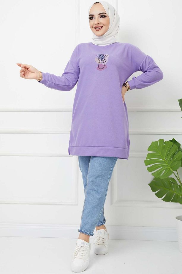 Skulent İşlemeli Tunik - Lila - 1