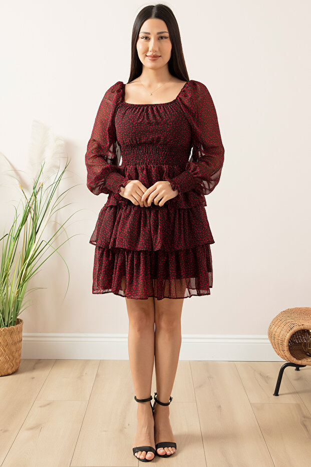 Çiçekli Kat Kat Şifon Elbise 793-2831-2 - 3