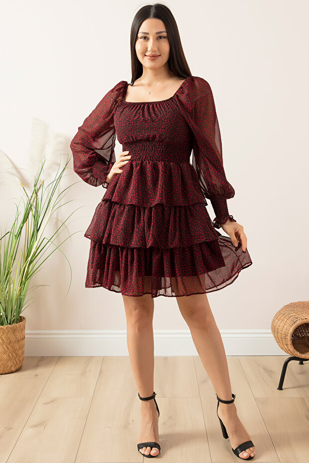 Çiçekli Kat Kat Şifon Elbise 793-2831-2 - 1