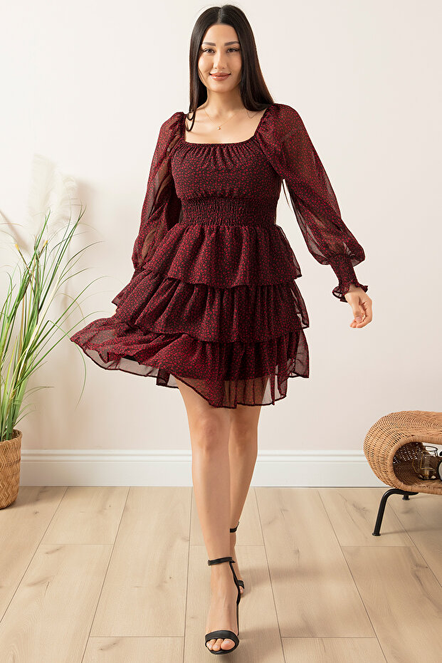 Çiçekli Kat Kat Şifon Elbise 793-2831-2 - 5