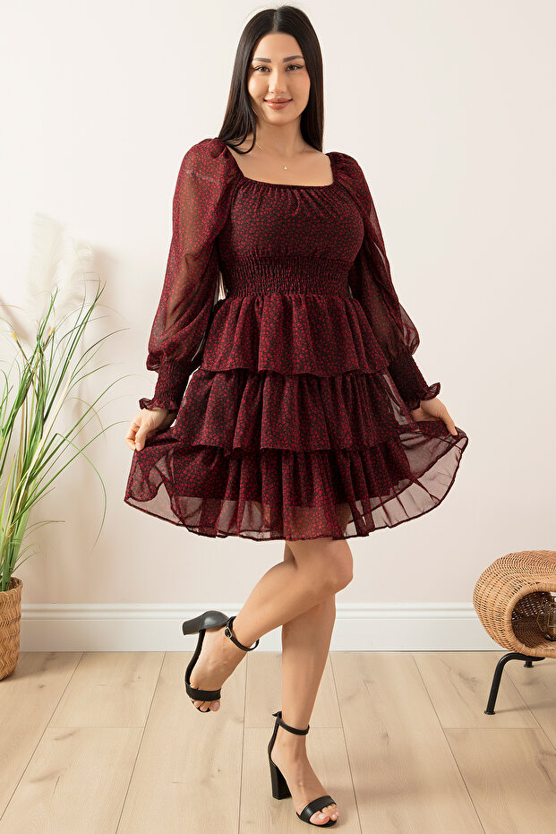 Çiçekli Kat Kat Şifon Elbise 793-2831-2 - 4