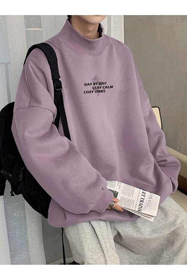 Women's Lilac Purple Day By Day Printed Throat Detail Sweatshirt