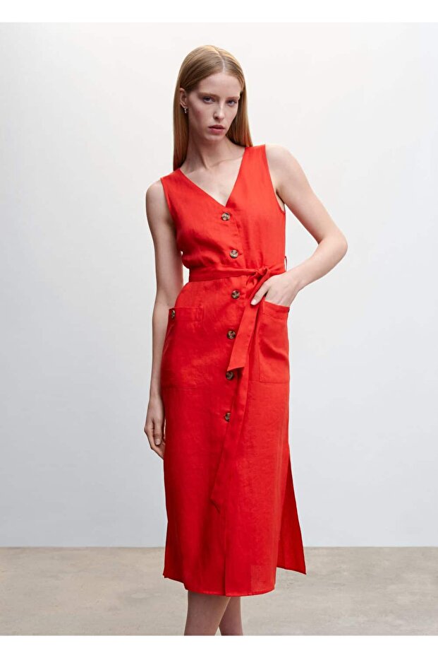 %100 Keten Gömlek Elbise - 1