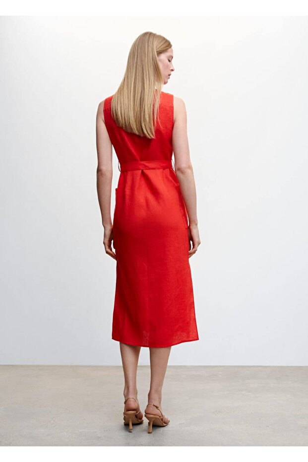 %100 Keten Gömlek Elbise - 4