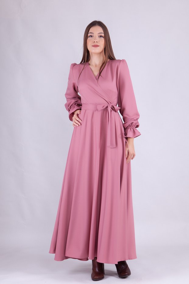 Dried Rose Maxi Length Women's Double Breasted Collar Sleeve Nipple Frilly Long Sleeve Sleeve Nipple Frilly Belted Dress