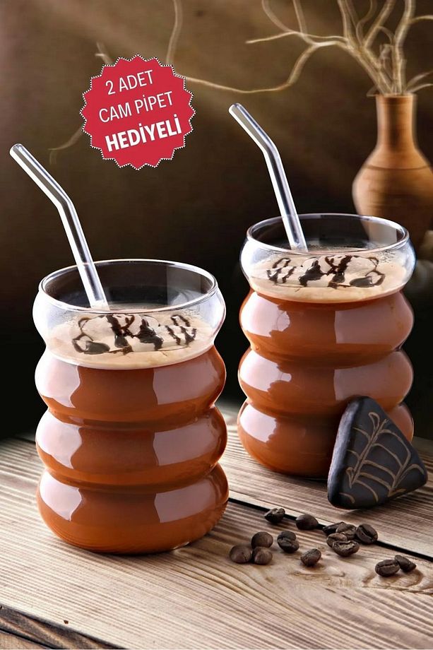 2 Adet Boğumlu Model Borosilikat Kokteyl Ve Soğuk-sıcak Kahve Bardağı Pipet 300ml - 1