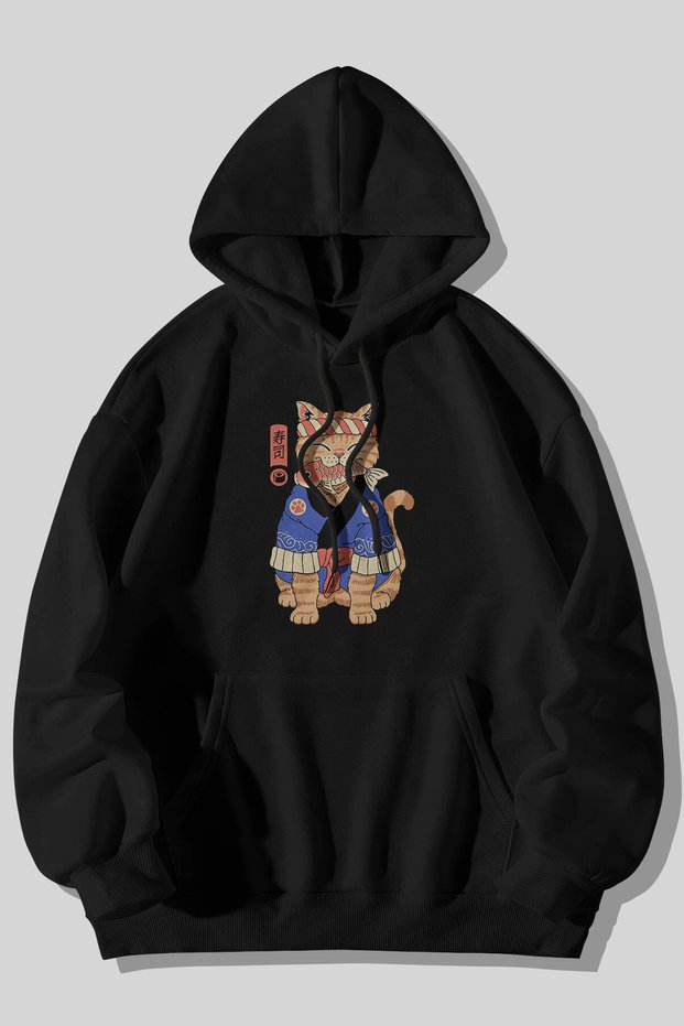 Anime Cat Printed Unisex Black Kangaroo Pocket Hooded Sweatshirt Hoodie