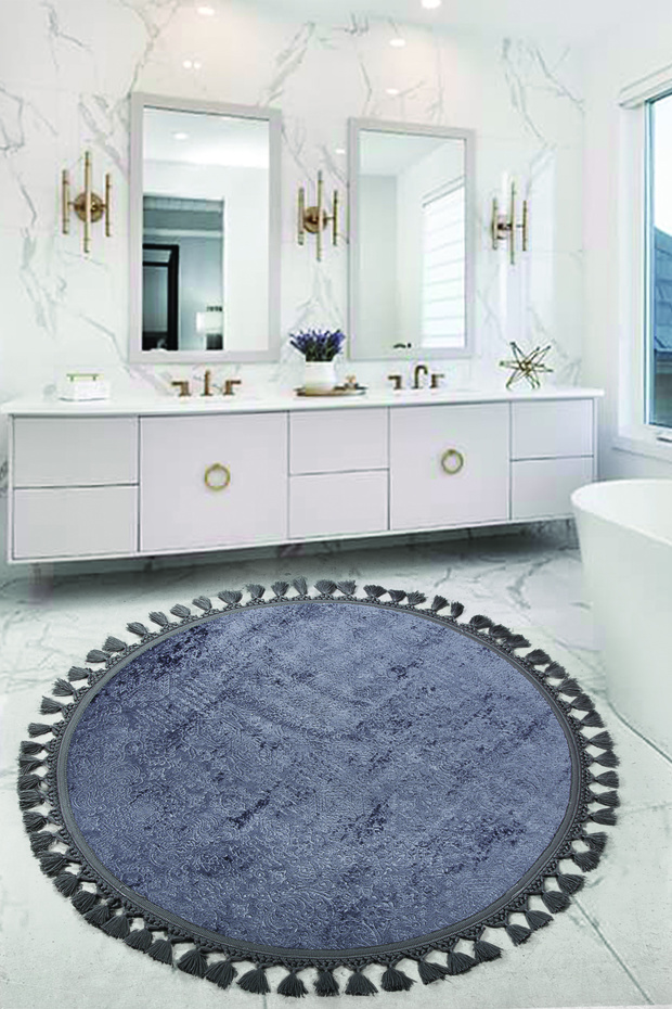 Nova Anthracite Round 100x100 Cm Pompom Fringed Non-Slip Base Machine Washable Bath Mat