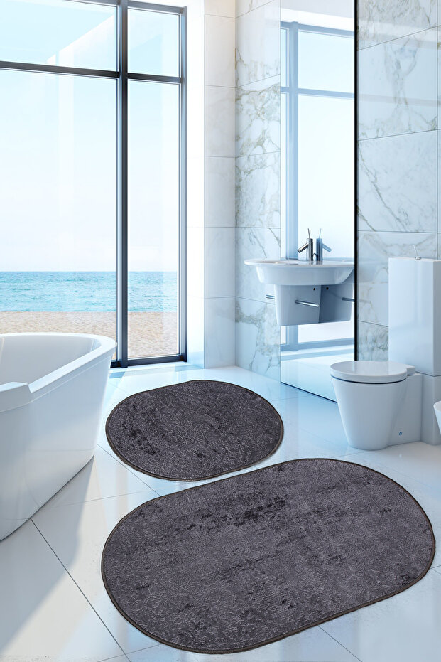 Nova Anthracite Oval 60x100 + 50x60 cm 2-Piece Bath Mat Set Non-Slip Base Toilet Seat