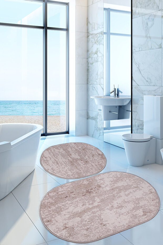 Nova Mink Oval 60x100 + 50x60 cm 2-Piece Bath Mat Set Non-Slip Base Washable Toilet Seat Set