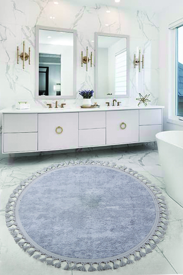 Nova Gray Round 120x120 Cm Pompom Fringed Non-Slip Base Machine Washable Bath Mat