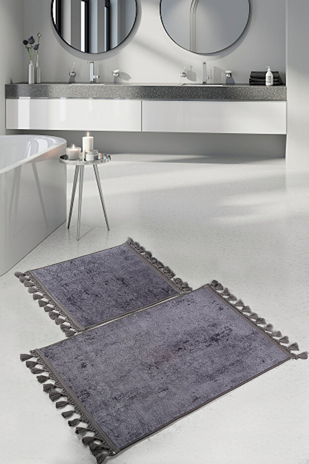 Nova Anthracite 60x100 + 50x60 cm 2-Piece Cornered Pompom Fringed Bath Rug Mat Set