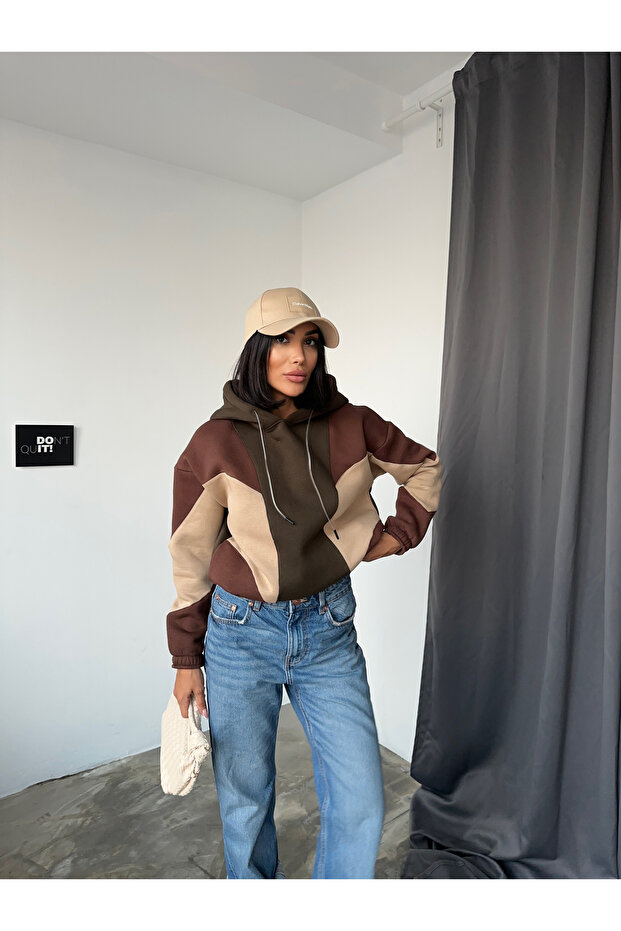 Women's Three Color Garnished Khaki Hooded Sweatshirt