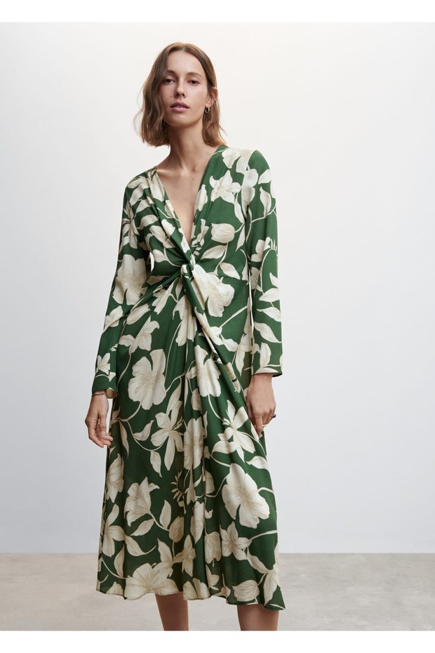 Çiçekli Saten Elbise - 1