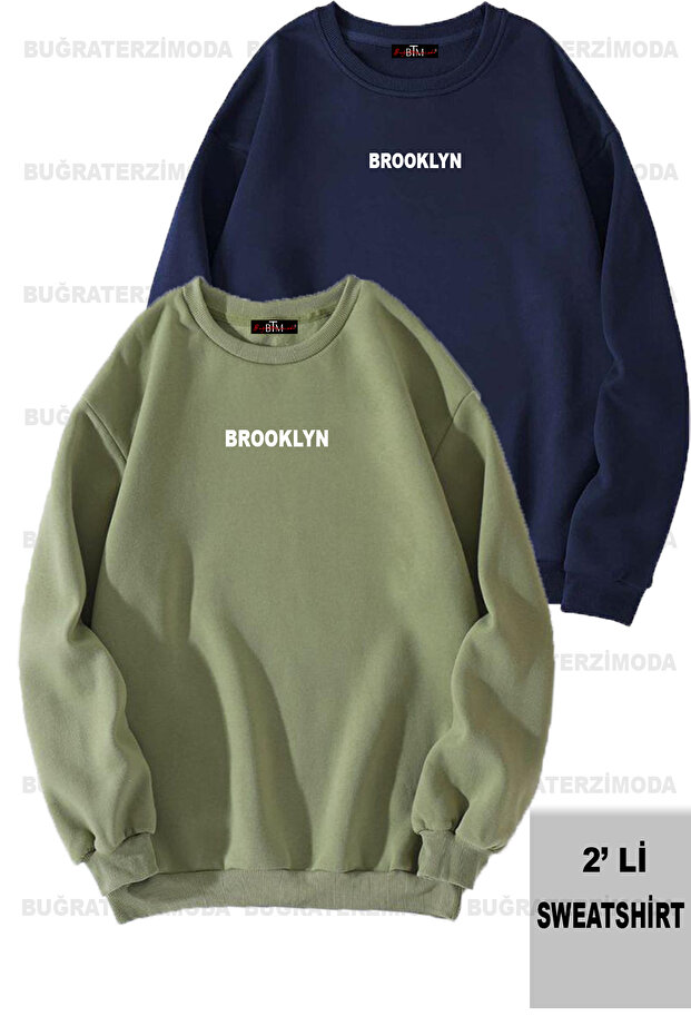 Brooklyn Printed Unisex Oversize Khaki-Navy Blue Double Sweathirt