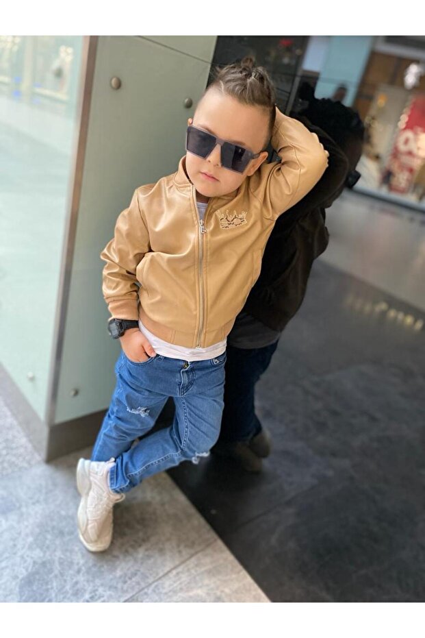 Boy's Embroidered Leather Jacket / Jeans / Printed T-Shirt 3-Piece Combination