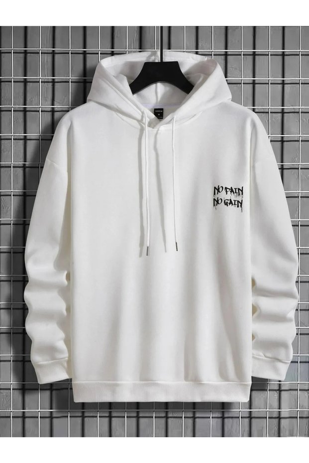 Large Size White No Pain No Gain Print Detailed Hooded Pocket Sweatshirt-Hoodie