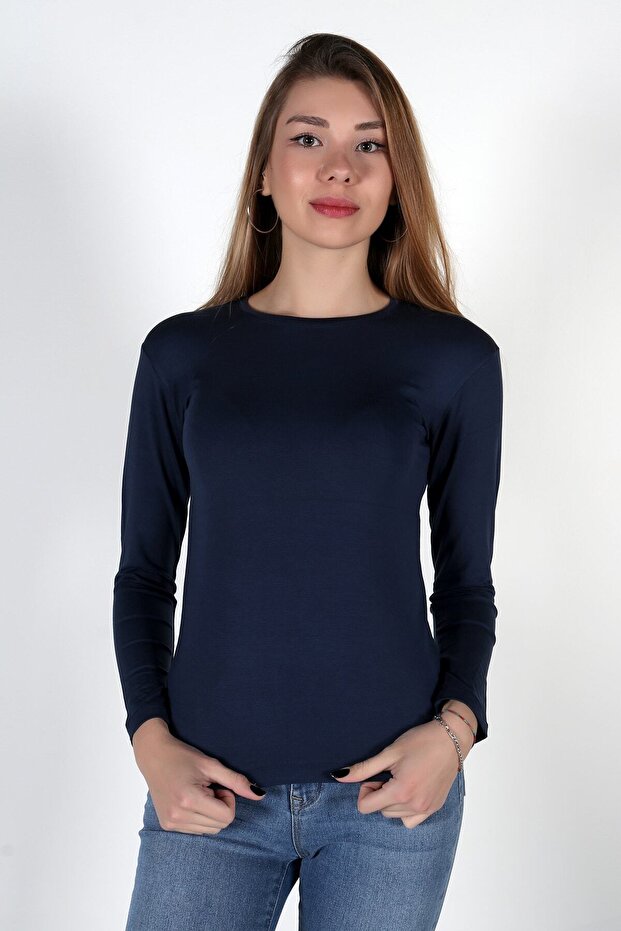 Women's Navy Blue Crew Neck Long Sleeve Bodysuit