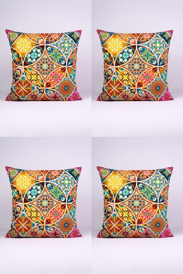 Yellow Multicolor Retro Vintage Patterned Digital Printed Throw Pillow Cover Set of 4 - Otyk278
