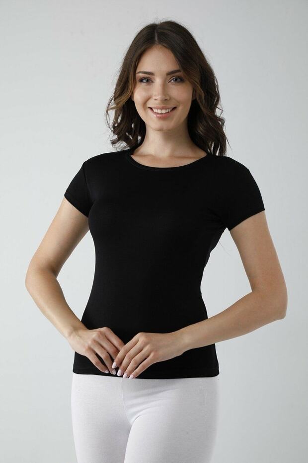 Women's Black Lycra Crew Neck Short Sleeve Badi