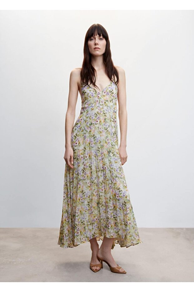 Çiçekli Pilili Elbise - 2