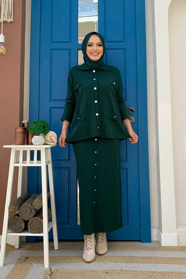 Button Detailed Pocket Look Skirted Double Suit 23306 Emerald