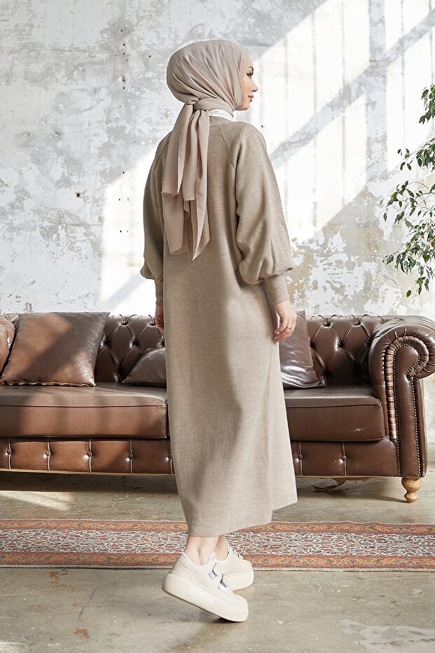 Mina Balon Kol Triko Elbise - Bej - 5