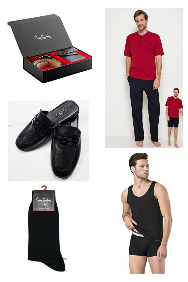 5pcs Boxed Men's Dowry Package Pajama Set & Shorts Undershirt Boxer Socks - Belt Wallet Set and Slippers H