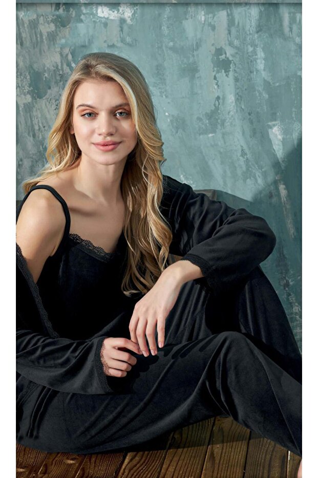 Women's 3-Piece Velvet Black Pajama Set C1T3N402-1