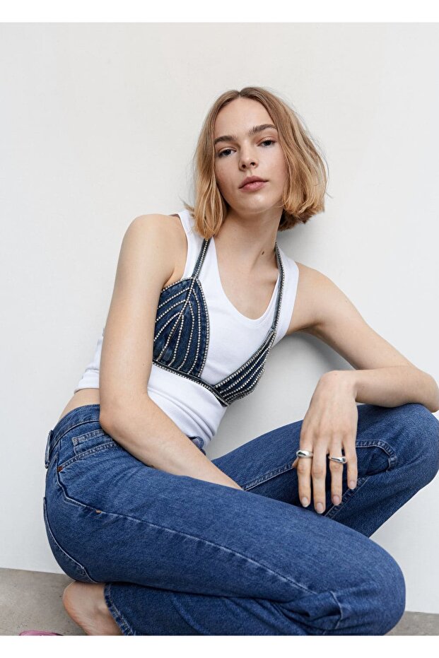 Stras Taşlı Denim Bluz - 5