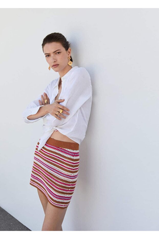 Çizgili triko mini etek - 6