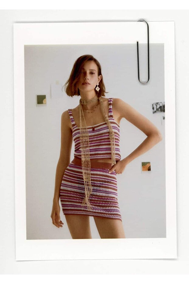 Çizgili triko mini etek - 7