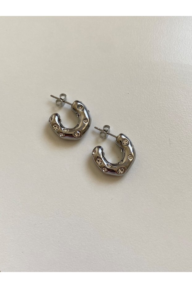 Steel Silver Jewelled Half Hoop Grecia Earrings -no Darkening-