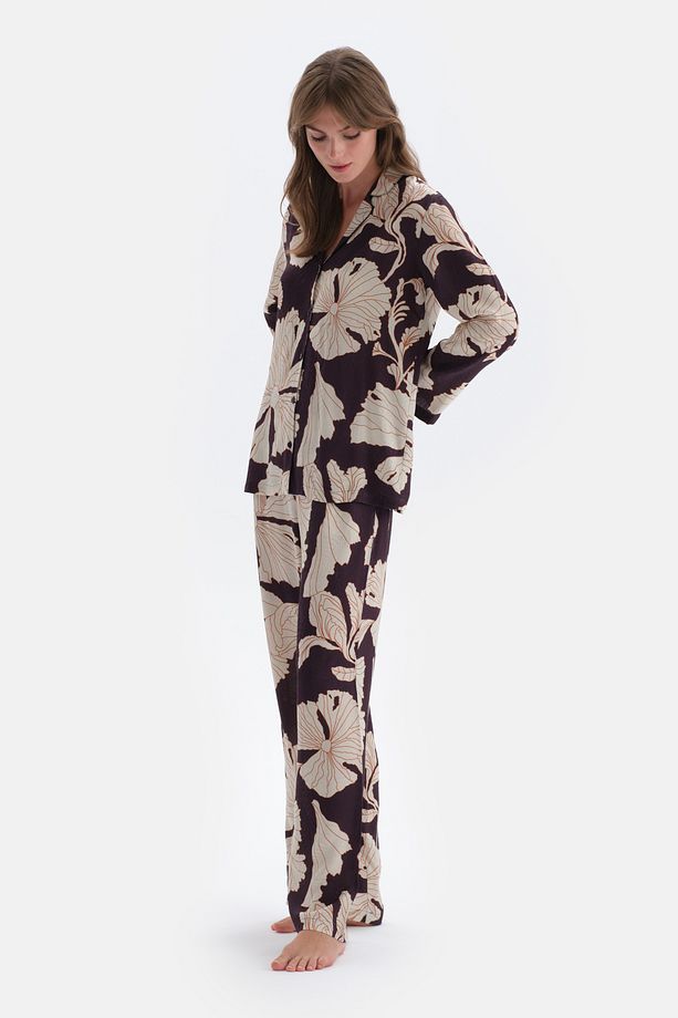 Mor Çiçek Baskı Detaylı Saten Gömlek Pijama Üstü - 3