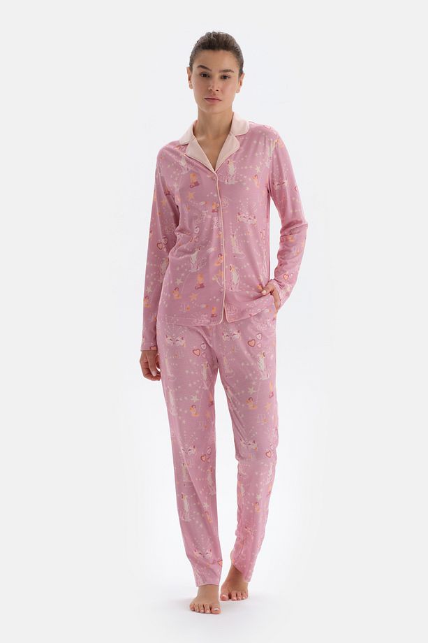 Pembe Metraj Baskılı Gömlek Pantolon Pijama Takımı - 1