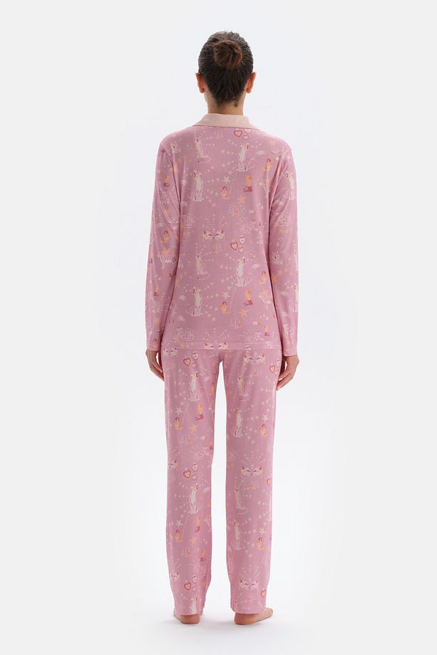 Pembe Metraj Baskılı Gömlek Pantolon Pijama Takımı - 2