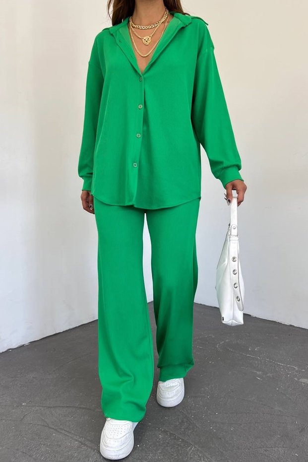 Women's Seersucker Oversize Design Shirt and Trousers Green Double Suit 10786