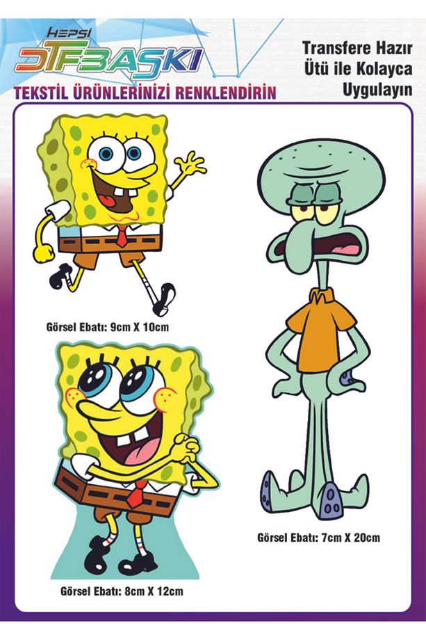 Süngerbob Spongebob 3 Adet Ütü ile Yapışan Tekstil DTF Baskı - 1