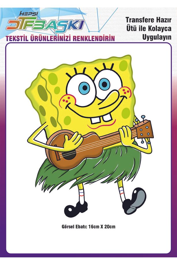 Gitarlı Süngerbob Spongebob Ütü ile Yapışan Tekstil DTF Baskı - 1