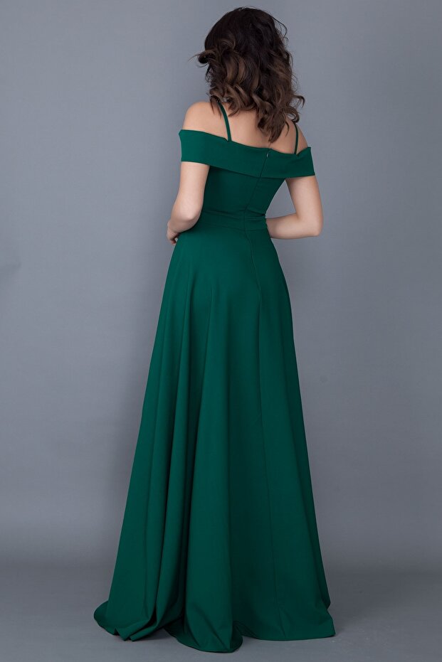 Pánt nélküli, alacsony vállú, dupla mellű nyakú maxi hosszúságú smaragdzöld nagy méretű estélyi ruha 342 - 3