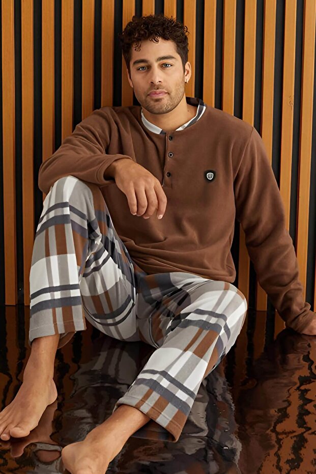 Brown White Plaid Patterned Fleece Men's Pajama Set