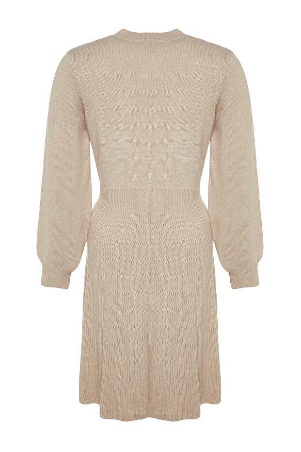 Béžové pletené podrobné žebrované šaty pro větší velikost a těhotenské pletené šaty Tbbaw24Ah00018 - 9