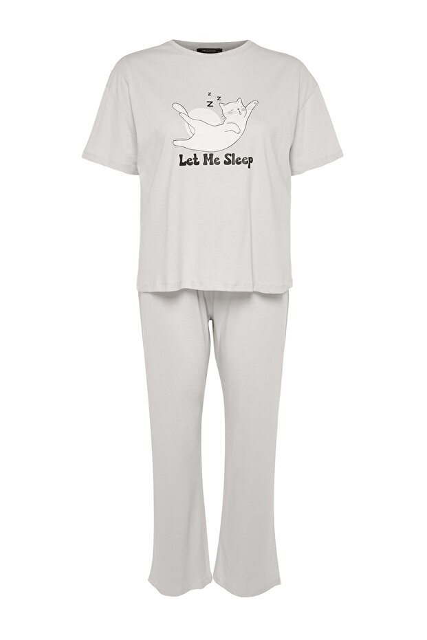 Açık Gri Baskılı Örme Pijama Takımı TBBAW24AI00003 - 6